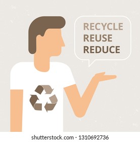 Man talking about recycling problem. Ecology banner with Recycle symbol. Waste problem creative concept. Reduce Reuse Recycle. Vector illustration flat style. 