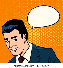 man talking about something interesting, businessman, office, poster, concept, pop art, retro style, vector illustration