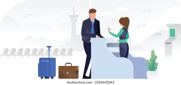 Hombre Hablando Con El Agente En La Recepción De Atención Al Cliente Entrada Del Aeropuerto Lugar De La Interfaz De Usuario Banner Illustration Vector EPS