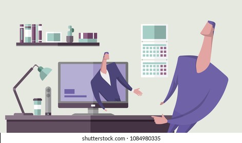 Man talking to another man from computer monitor in office interior. Online education. Distance teaching. Webinar. Concept vector illustration. Flat style. Horizontal.