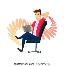 A man is talking by messenger by laptop sitting on the chair. Video messenger. Man make sephi. Live Stream.