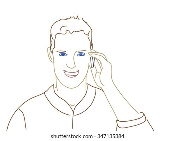 man talking by phone lines drawing