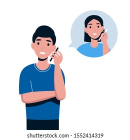 Man talking by telephone with girlfriend. Communication and conversation with smartphone. Flat vector cartoon illustration of phone call, speaking, calling and chatting. 