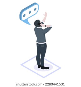Man talking by telephone isolated on white background. Businessman calling for discussing with partner. Message dialog window icon with speech of manager who holding mobile phone. Vector illustration