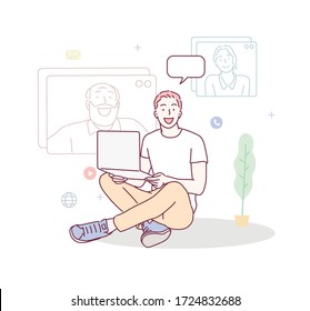 Man talking by video chat. Conference call at office. Online Interview. Hand drawn style vector design illustrations.