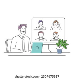 Man talking by video chat. Conference call at office doodle continuous line art vector illustration.