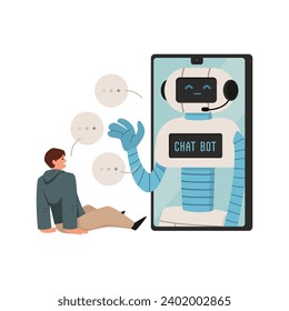 Man talking to chat bot in smartphone. Person chatting with mobile app robot. Artificial intelligence assistant concept. Flat vector illustration on white background.