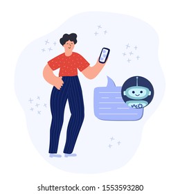 Man talking with a chatbot on mobile phone. Chat bot conversation concept with a person. Vector illustration