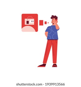 Hombre hablando con chatbot en la ilustración del vector plano del teléfono móvil