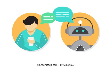 Man talking to a chatbot online on smartphone. Communication with a chat bot. Customer service and support. Artificial intelligence concept. Isolated vector flat illustration