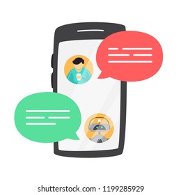 Man talking to a chatbot online on smartphone. Communication with a chat bot. Customer service and support. Artificial intelligence concept. Isolated vector flat illustration
