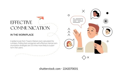 Man talking with colleagues. Banner template. Ui illustration of young man with mobile phone, speech bubbles and colleague avatars. Editable stroke.