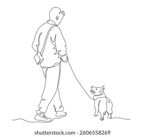 Man talking to dog. Back view. Continuous line drawing. Black and white vector illustration in line art style.