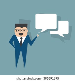 A man is talking or explaining with speech bubbles, flat vector concept design 