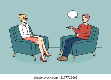 Man talking with female psychologist on session. Male patient sit in chair having psychotherapy session with counsellor. Mental health problem concept. Vector illustration. 