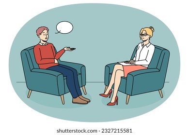 Man talking with female psychologist on session. Male patient sit in chair having psychotherapy session with counsellor. Mental health problem concept. Vector illustration.