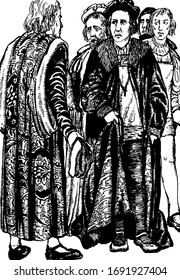 A man talking to four men standing in front of him, vintage line drawing or engraving illustration