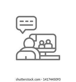 Man talking to friends on video, web conference line icon.