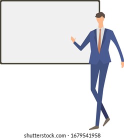 A man talking in front of a whiteboard. Vector illustration. consultant. teacher.