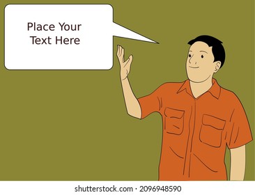Man talking with hands raised. Template man talking with balloon word. Hand Drawn Style Vector.