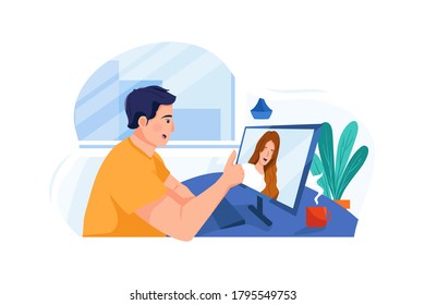 The man is talking to his colleague via video call. Vector Illustration Concept.