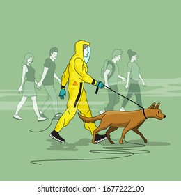 A man talking his dog for a walk in the park wearing a HAZMAT suit with odd looks from onlookers. People vector illustration