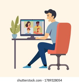 Man is talking to his friends  by videochat. Vector flat style Illustration