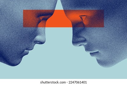 Man talking to his partner with eye contact. Two opponents facing each other. Conflict. The concept of rivalry. Emotional connection, relationships, exchange of ideas or telepathy. 3d vector.