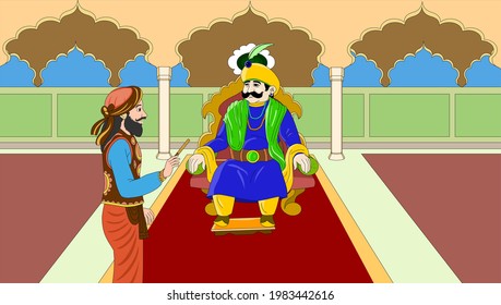 A man is talking to the king in the royal court - illustration