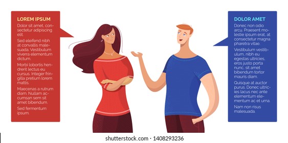 Man talking with lady flat vector illustration. Couple have conversation, dialogue. Speech bubbles with text space. Cartoon boy telling stories to woman. Informal communication banner design element