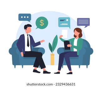 Man talking with lady, looking for new job. HR managers interviewing job seekers. Process of talking with candidates. Human resource management representatives. Vector flat illustration