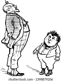 A man talking to little boy standing in front of him, vintage line drawing or engraving illustration