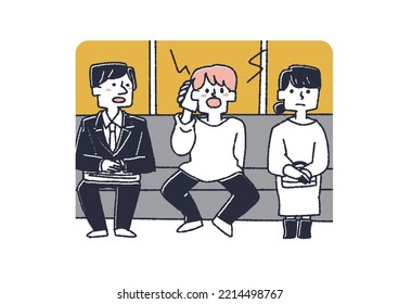 A man talking loudly on his smartphone on the train Illustration calling for smartphone etiquette