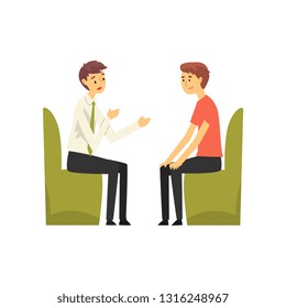 Man Talking to Manager at Bank Office, Bank Worker Providing Services to Customer Vector Illustration
