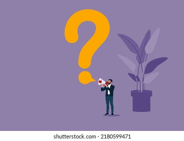 Man talking with megaphone asking question with speech bubble big question mark. Ask question for answer or solution to solve problem, communicate or request for help in business.