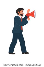 Man talking to megaphone isolated on white background