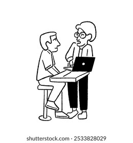 Man talking Office worker with laptop Colleagues Business Entrepreneur Hand drawn line art illustration People lifestyle cartoon 