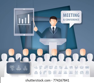 Man talking on business presentation behind a podium at rostrum in front of audience. Public speaker with Meeting & conference icon set, Business Management icons, Paper art vector and illustration.
