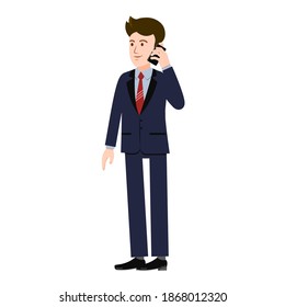 Ein Mann redet auf einem Handy. Vektorgrafik eines Mannes mit einem Handy für Animation. Bearbeitbare Striche. Bearbeitbare Bewegung. Ein Mann in einem Anzug hält ein Handy auf weißem Hintergrund