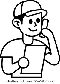 A man is talking on a cell phone while holding a piece of paper. He is smiling and he is in a good mood