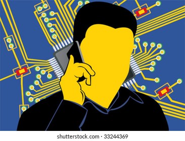 El hombre está hablando en un teléfono celular con la placa de circuito impreso en el fondo.