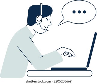 Man talking on headset. Working male person with laptop