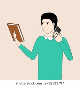 Un hombre está hablando por su teléfono celular mientras sostiene un libro. Concepto de multitarea y la importancia de mantenerse conectado en el mundo acelerado de hoy