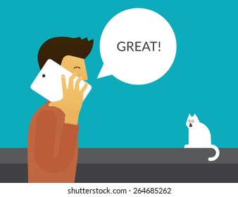 Man talking on the huge phone. Illustration with speech bubble 