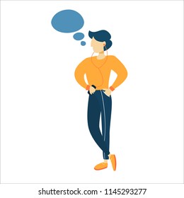 Man talking on the mobile phone using headphones. Phone conversation with friends or business discussion. Social communication. Isolated flat vector illustration