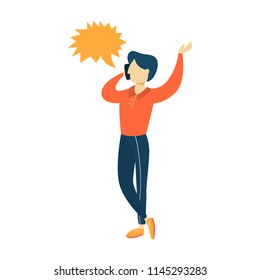 Man talking on the mobile phone using bubble speech. Phone conversation with friends or business discussion. Social communication. Isolated flat vector illustration