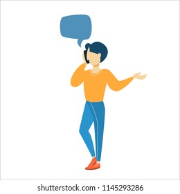 Man talking on the mobile phone using bubble speech. Phone conversation with friends or business discussion. Social communication. Isolated flat vector illustration
