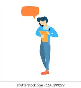 Man talking on the mobile phone using bubble speech. Phone conversation with friends or business discussion. Social communication. Isolated flat vector illustration