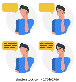 Man talking on mobile phone. Male avatars with smartphone in four versions. Concept illustration for support, assistance, call center. Vector flat design illustration