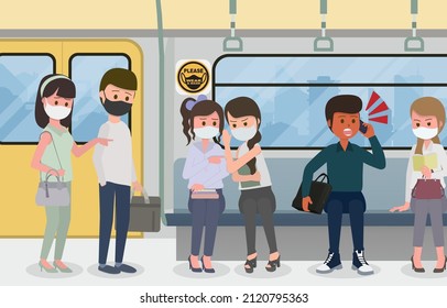 Man talking on mobile phone loudly and not wear a mask in public in covid-19 situation. Near a sign asking for cooperation to wear mask. Vector illustration Eps10.